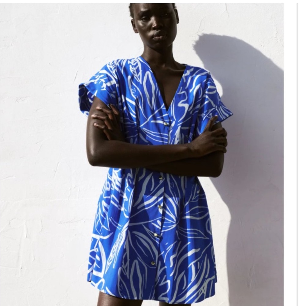 ZARA BLUE/ WHITE PRINTED PLEATED DRESS S